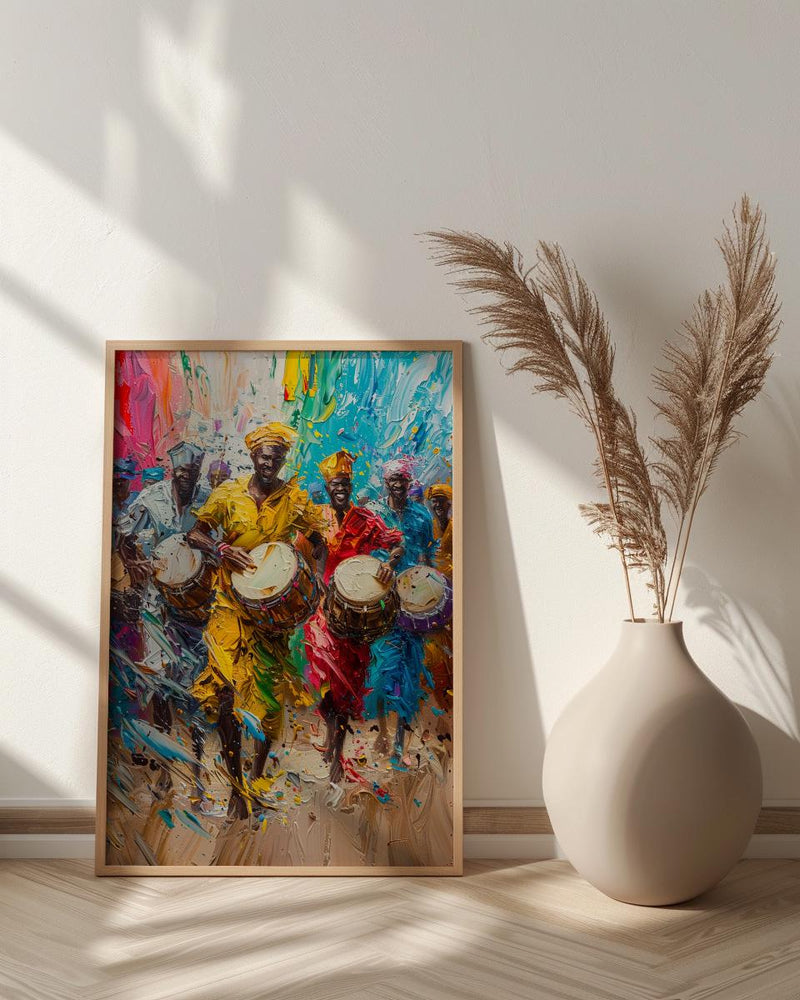 African Festival Drummers Wall Art, Colorful Summer Decor - Energetic Djembe Print
