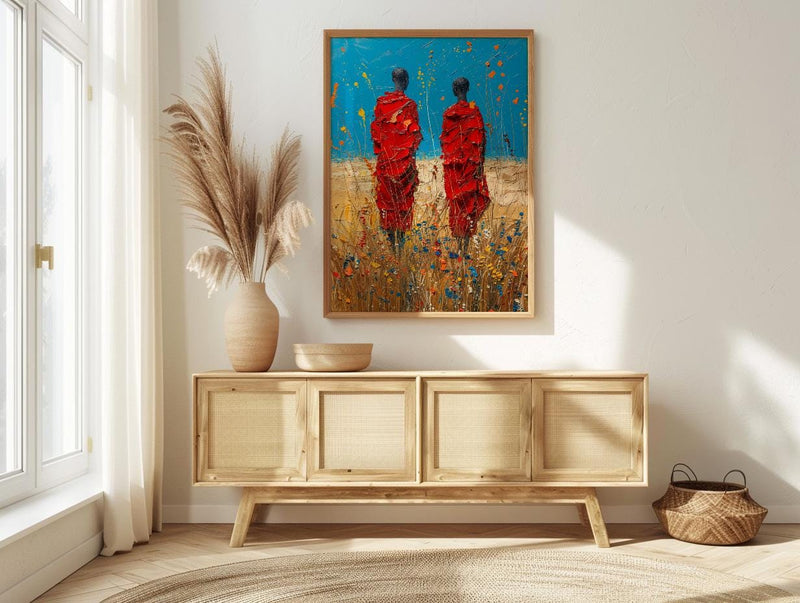 Maasai Savanna Poster, African Wildlife Decor - Red Robe Warriors Print