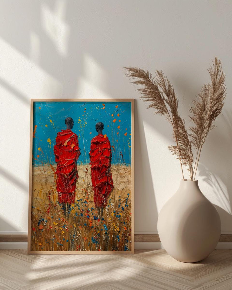 Maasai Savanna Poster, African Wildlife Decor - Red Robe Warriors Print