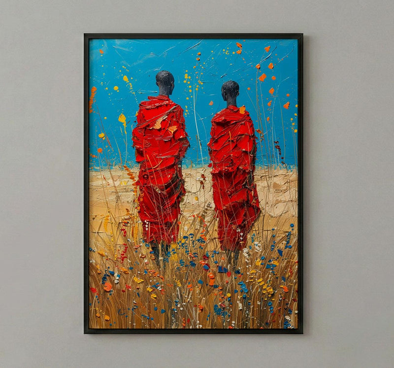 Maasai Savanna Poster, African Wildlife Decor - Red Robe Warriors Print
