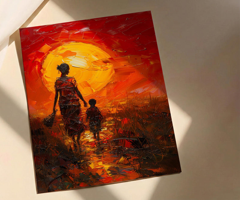 African Mother and Child Art Print, Sunset Decor - Abstract Landscape