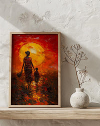 African Mother and Child Art Print, Sunset Decor - Abstract Landscape