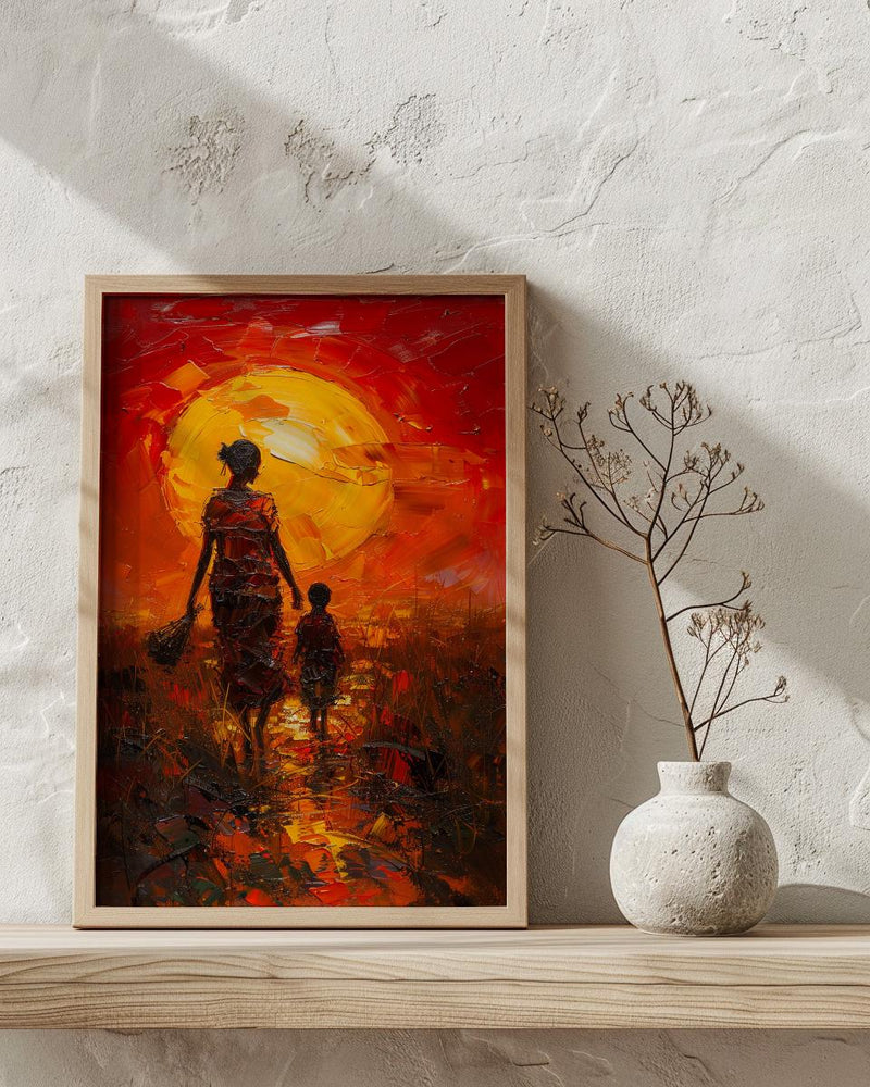 African Mother and Child Art Print, Sunset Decor - Abstract Landscape