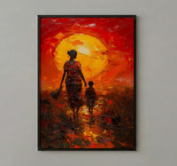 African Mother and Child Art Print, Sunset Decor - Abstract Landscape
