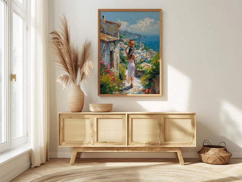 African Village Poster, Summer Wall Decor - Woman with Water Jug Art