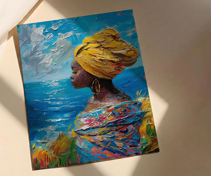African Woman Art Print, Summer Ocean Decor - Patterned Fabric Art