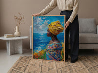 African Woman Art Print, Summer Ocean Decor - Patterned Fabric Art