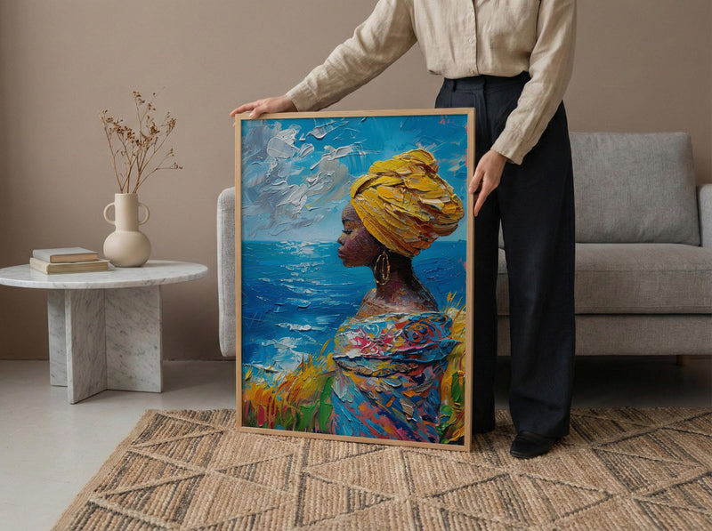 African Woman Art Print, Summer Ocean Decor - Patterned Fabric Art