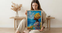 African Woman Art Print, Summer Ocean Decor - Patterned Fabric Art