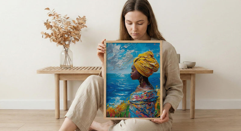 African Woman Art Print, Summer Ocean Decor - Patterned Fabric Art
