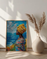 African Woman Art Print, Summer Ocean Decor - Patterned Fabric Art