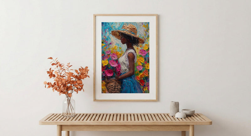 African Market Art Print, Flower Basket Decor - Summer Street Poster