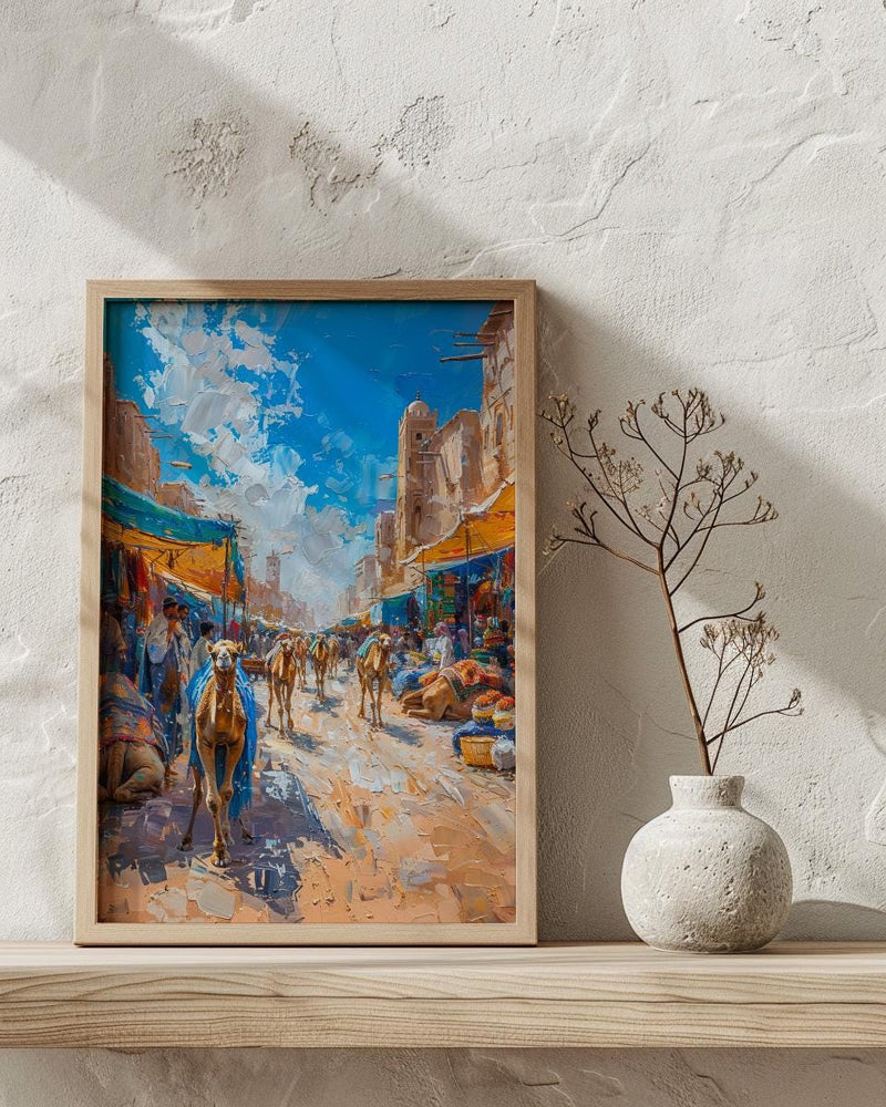 Desert Market Poster, Sahara Caravan Decor - Camel Street Landscape