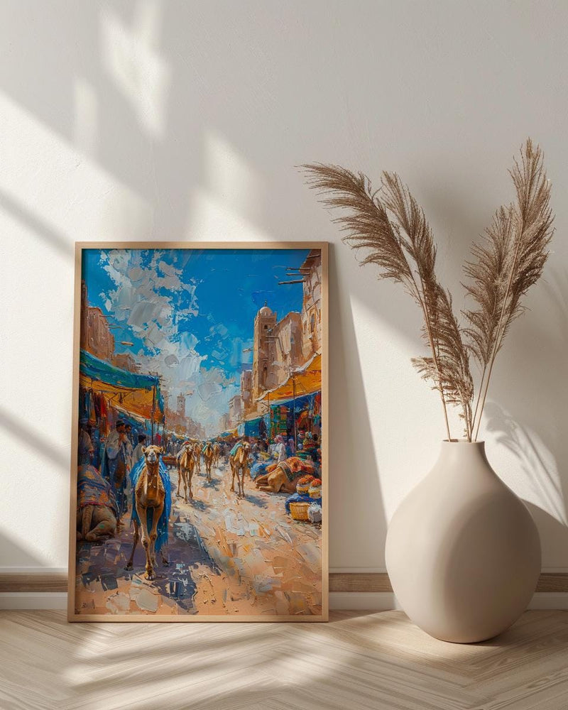 Desert Market Poster, Sahara Caravan Decor - Camel Street Landscape