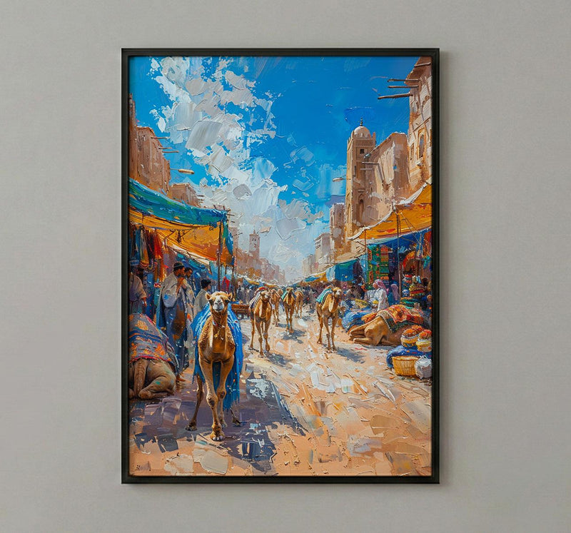 Desert Market Poster, Sahara Caravan Decor - Camel Street Landscape