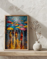 Market Rain Art Print, Summer Shower Decor - Colorful Umbrella Poster
