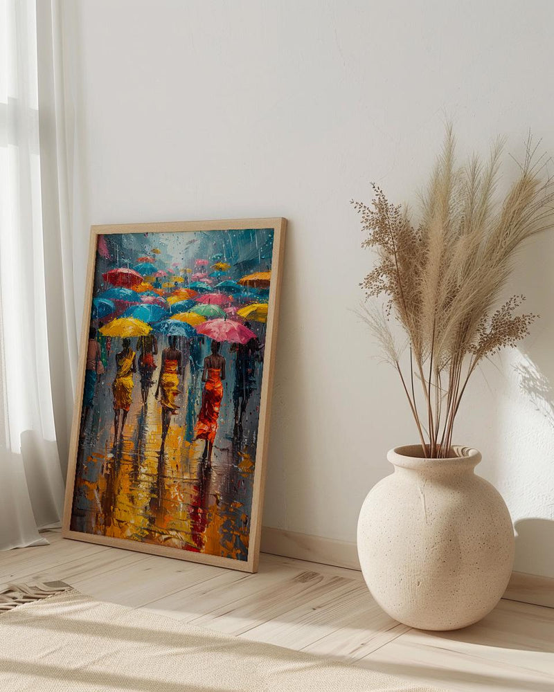 Market Rain Art Print, Summer Shower Decor - Colorful Umbrella Poster