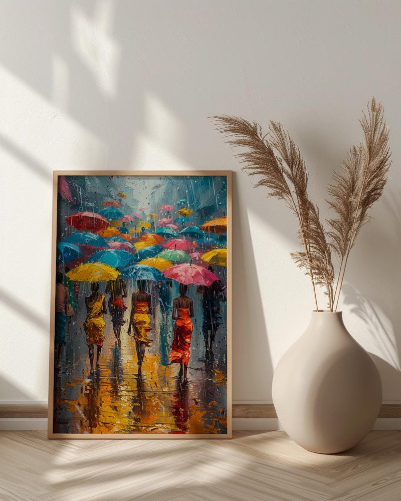 Market Rain Art Print, Summer Shower Decor - Colorful Umbrella Poster