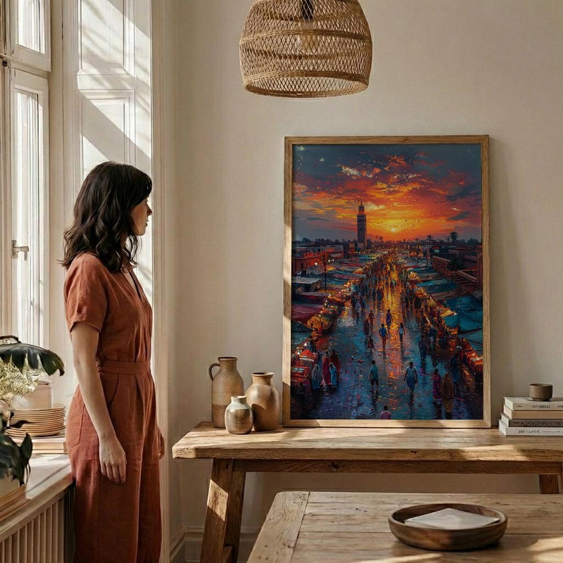 Sunset Market Poster, Rooftop View Decor - African City Landscape