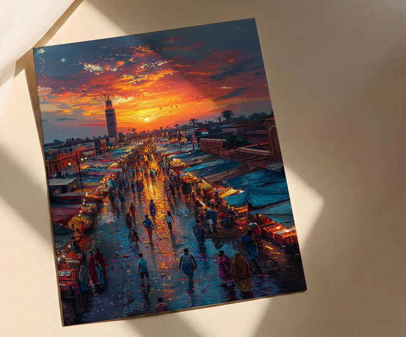 Sunset Market Poster, Rooftop View Decor - African City Landscape