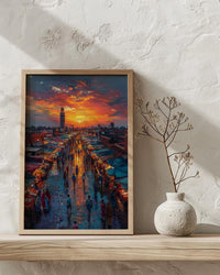 Sunset Market Poster, Rooftop View Decor - African City Landscape