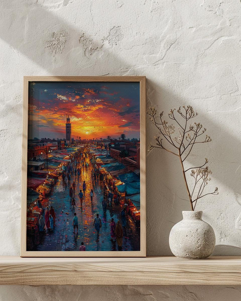 Sunset Market Poster, Rooftop View Decor - African City Landscape