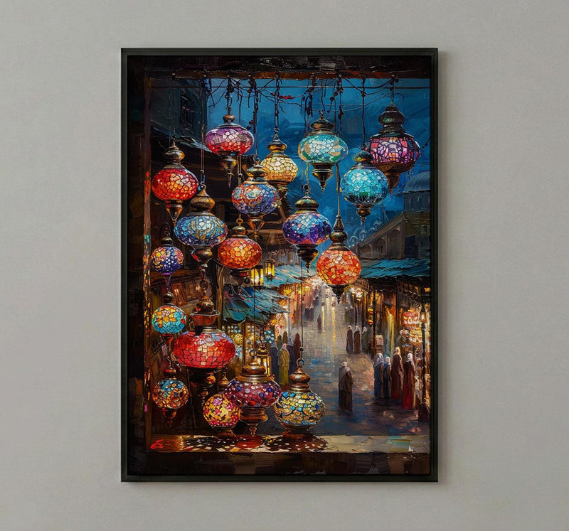 Bazaar Window Poster, Mosaic Lamp Decor - Night Market Street Art