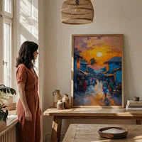 Golden Hour Market Art, African Village Decor - Sunset Street Landscape