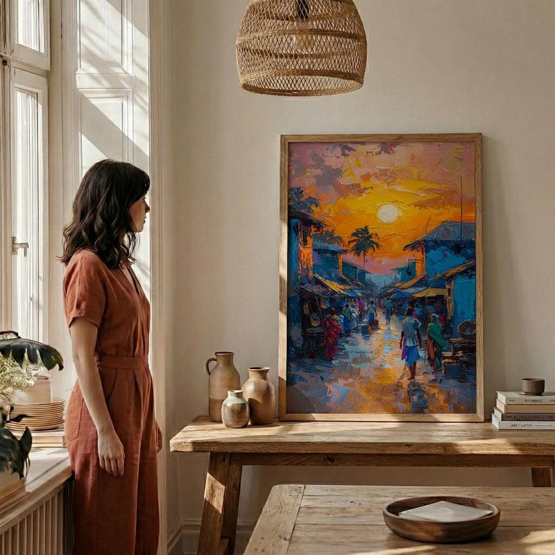 Golden Hour Market Art, African Village Decor - Sunset Street Landscape