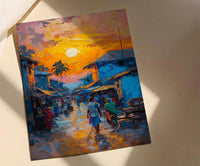 Golden Hour Market Art, African Village Decor - Sunset Street Landscape