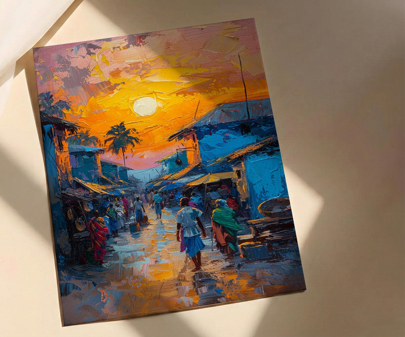 Golden Hour Market Art, African Village Decor - Sunset Street Landscape