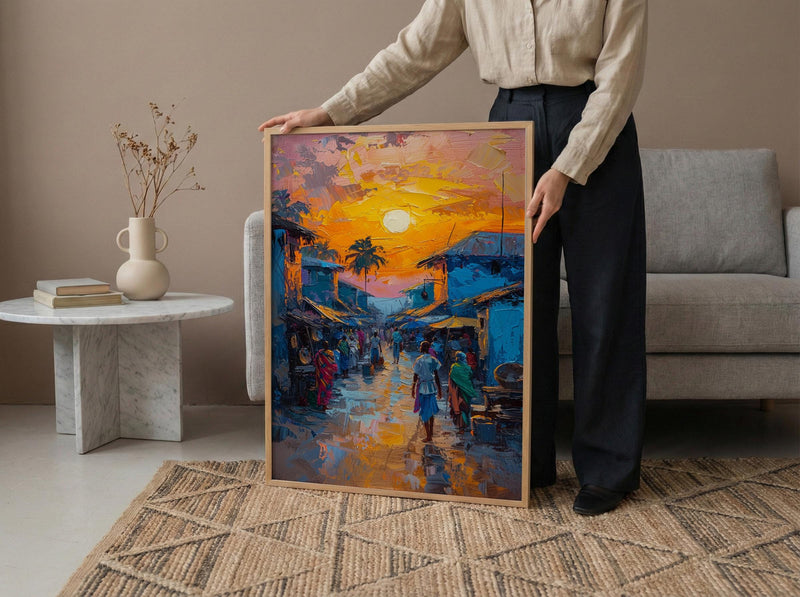 Golden Hour Market Art, African Village Decor - Sunset Street Landscape