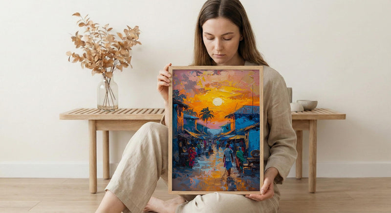Golden Hour Market Art, African Village Decor - Sunset Street Landscape