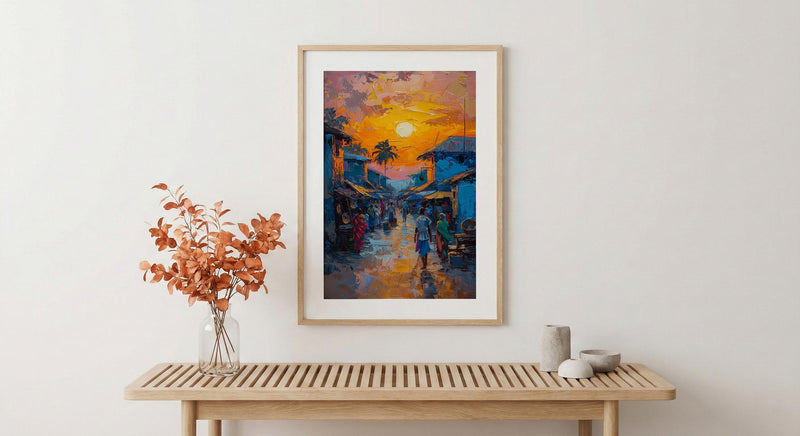 Golden Hour Market Art, African Village Decor - Sunset Street Landscape