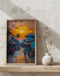 Golden Hour Market Art, African Village Decor - Sunset Street Landscape