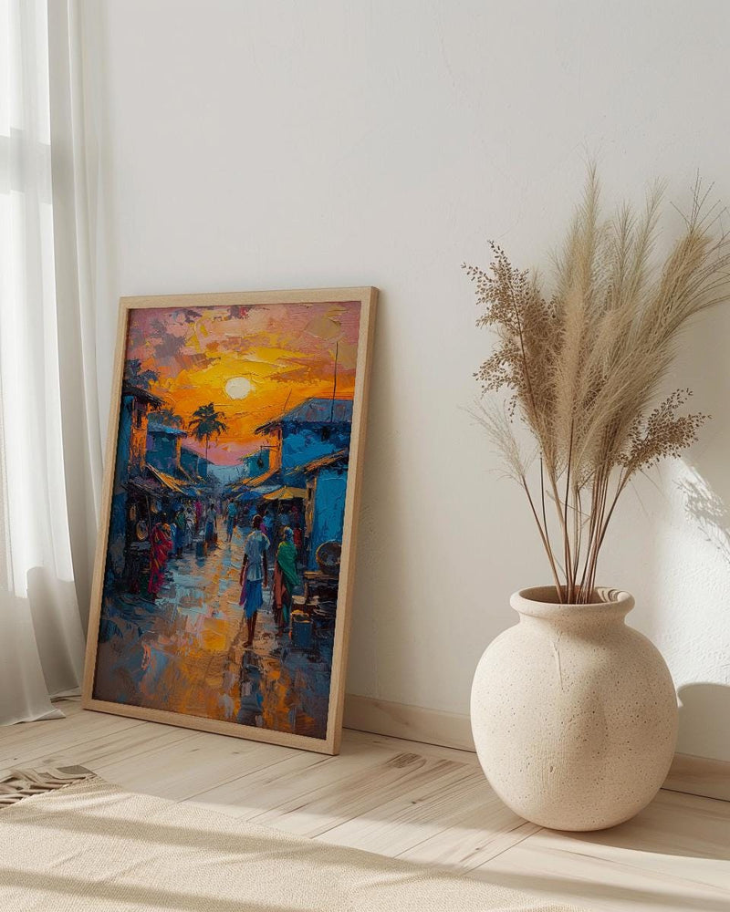 Golden Hour Market Art, African Village Decor - Sunset Street Landscape
