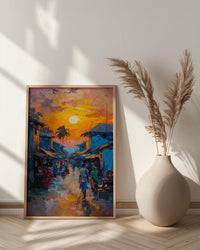 Golden Hour Market Art, African Village Decor - Sunset Street Landscape