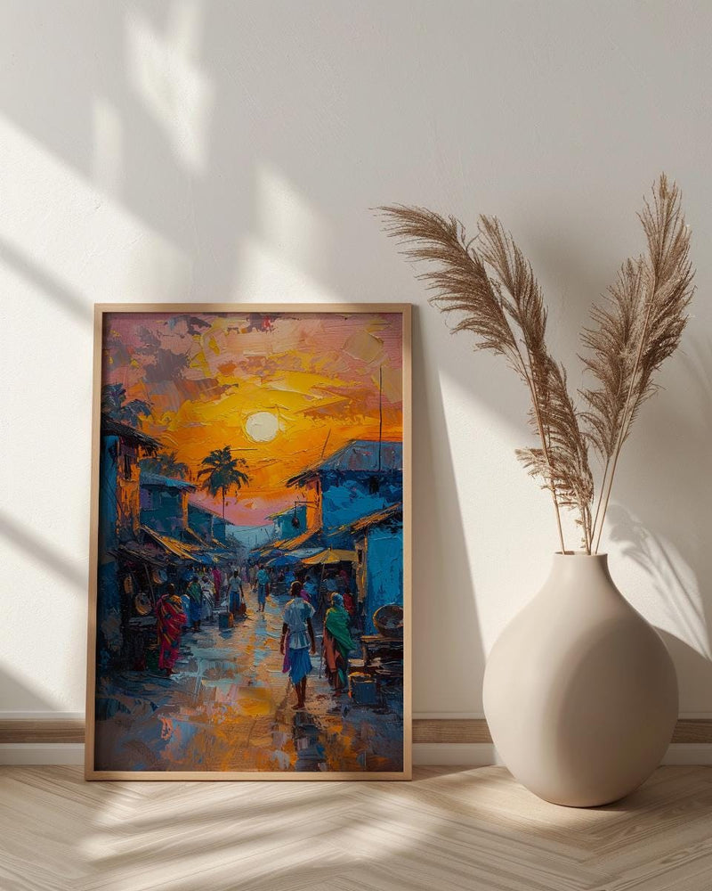 Golden Hour Market Art, African Village Decor - Sunset Street Landscape