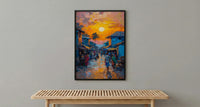 Golden Hour Market Art, African Village Decor - Sunset Street Landscape