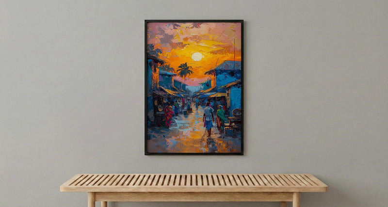 Golden Hour Market Art, African Village Decor - Sunset Street Landscape