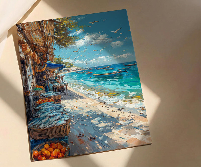 Coastal Fish Market Poster, African Beach Decor - Ocean Village Art