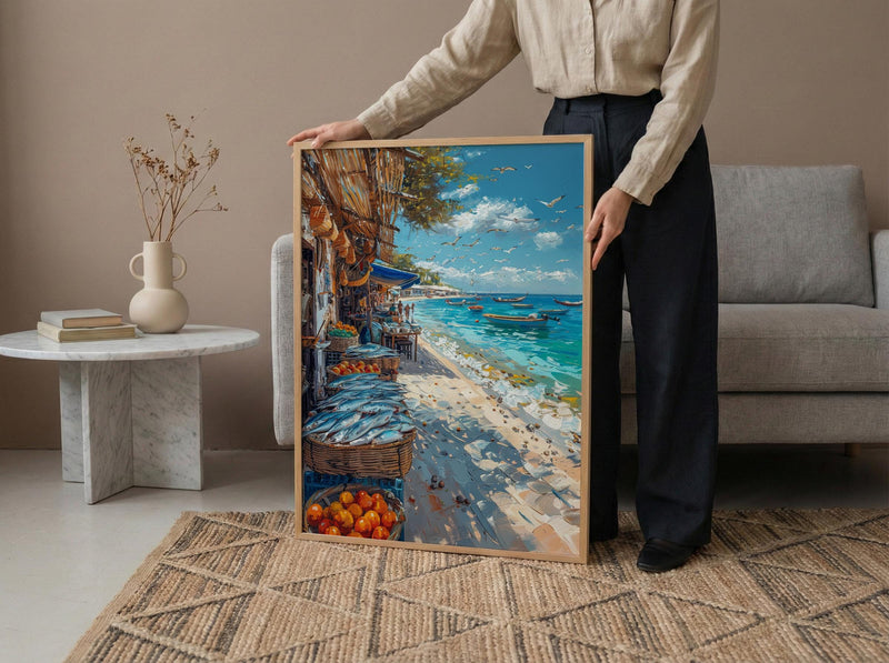 Coastal Fish Market Poster, African Beach Decor - Ocean Village Art