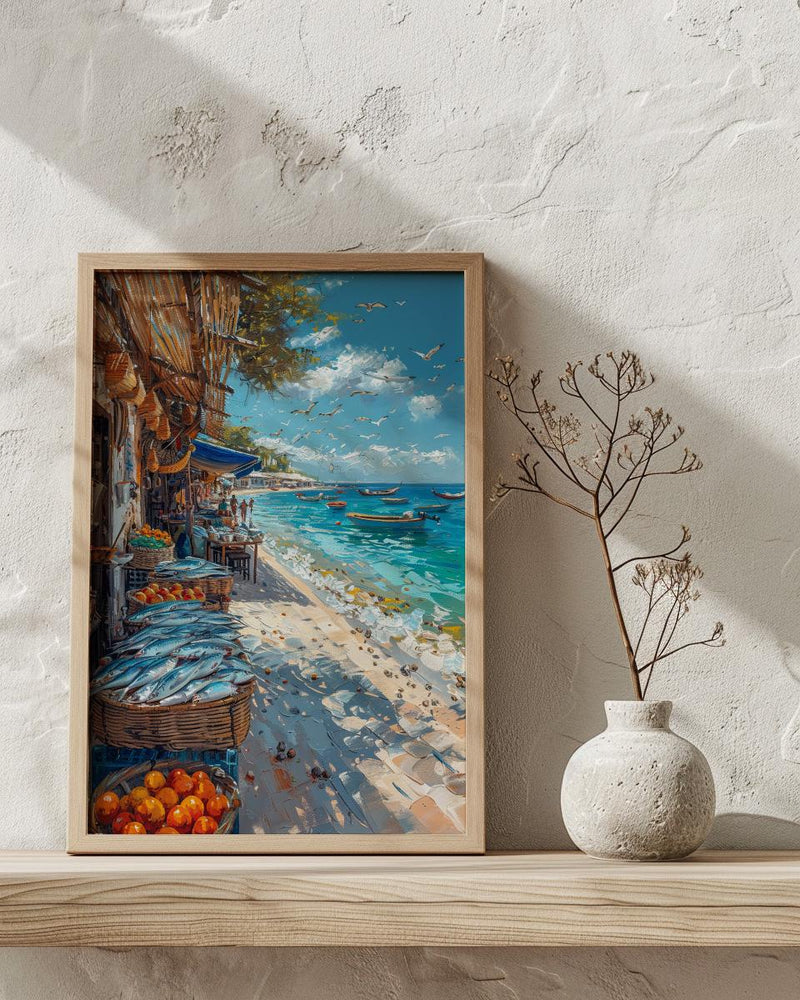 Coastal Fish Market Poster, African Beach Decor - Ocean Village Art
