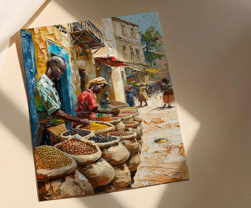 African Coffee Poster, Market Trader Decor - Roasted Bean Landscape