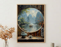 China Window Art Print, Karst Mountains Decor - Traditional Tea Pot