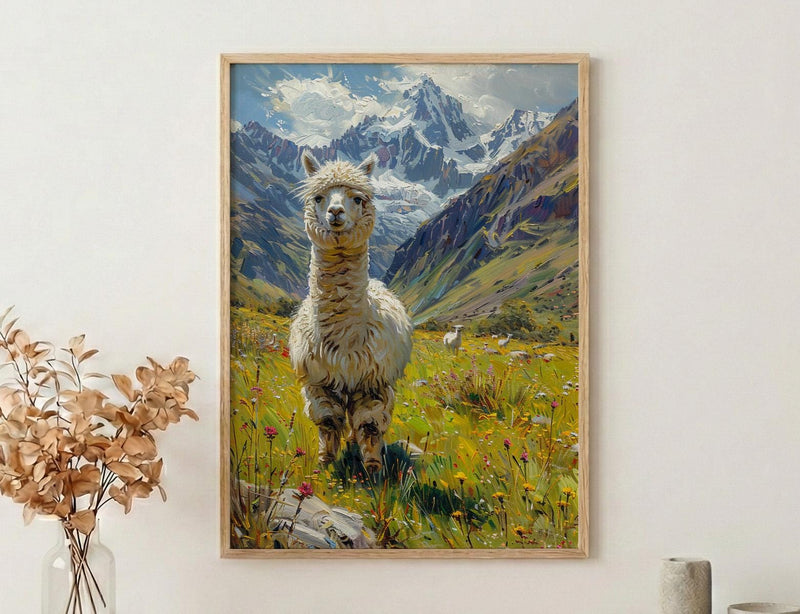 White Alpaca Art Print, Lush Andean Valley Decor - Green Mountain Snow Peak Summer