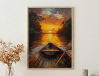 Amazon River Sunset Poster, Tropical Jungle Travel Decor - Glowing Orange Summer Water View