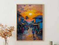 Golden Hour Market Art, African Village Decor - Sunset Street Landscape