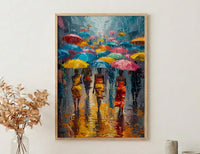 Market Rain Art Print, Summer Shower Decor - Colorful Umbrella Poster