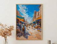 Desert Market Poster, Sahara Caravan Decor - Camel Street Landscape